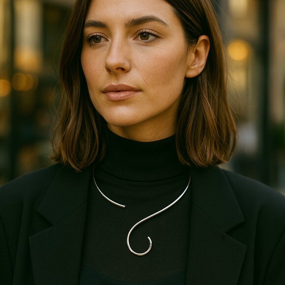 Sterling Silver S-Curve Collar Choker – Minimalist Open Wire Necklace - Picture 1 of 6